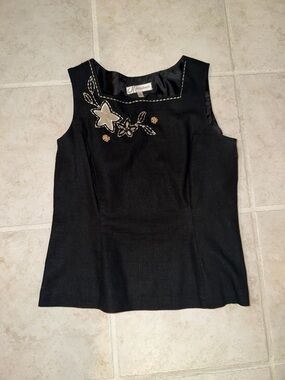 dressbarn Black Sleeveless Top with Cream Embroidered Floral Accent